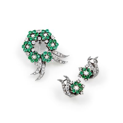 Demi-parure in oro bianco 18k e ceramica nera, con diamanti e smeraldi
