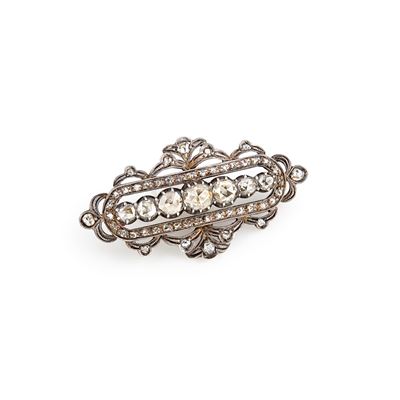 Spilla con diamanti taglio briolette, oro giallo 18k e argento