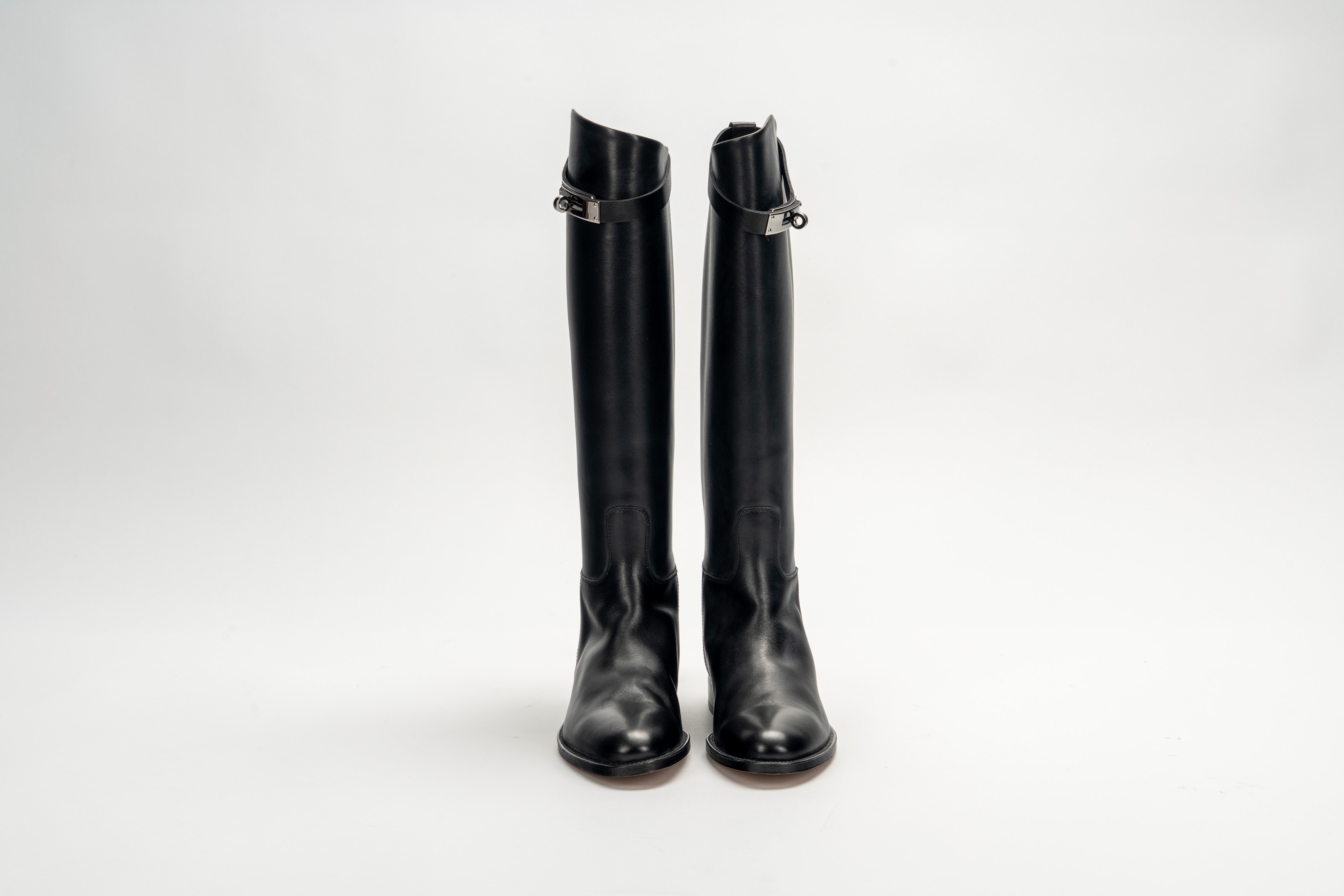 Hermès - Stivali in pelle nera con dettagli in palladio, misura 38