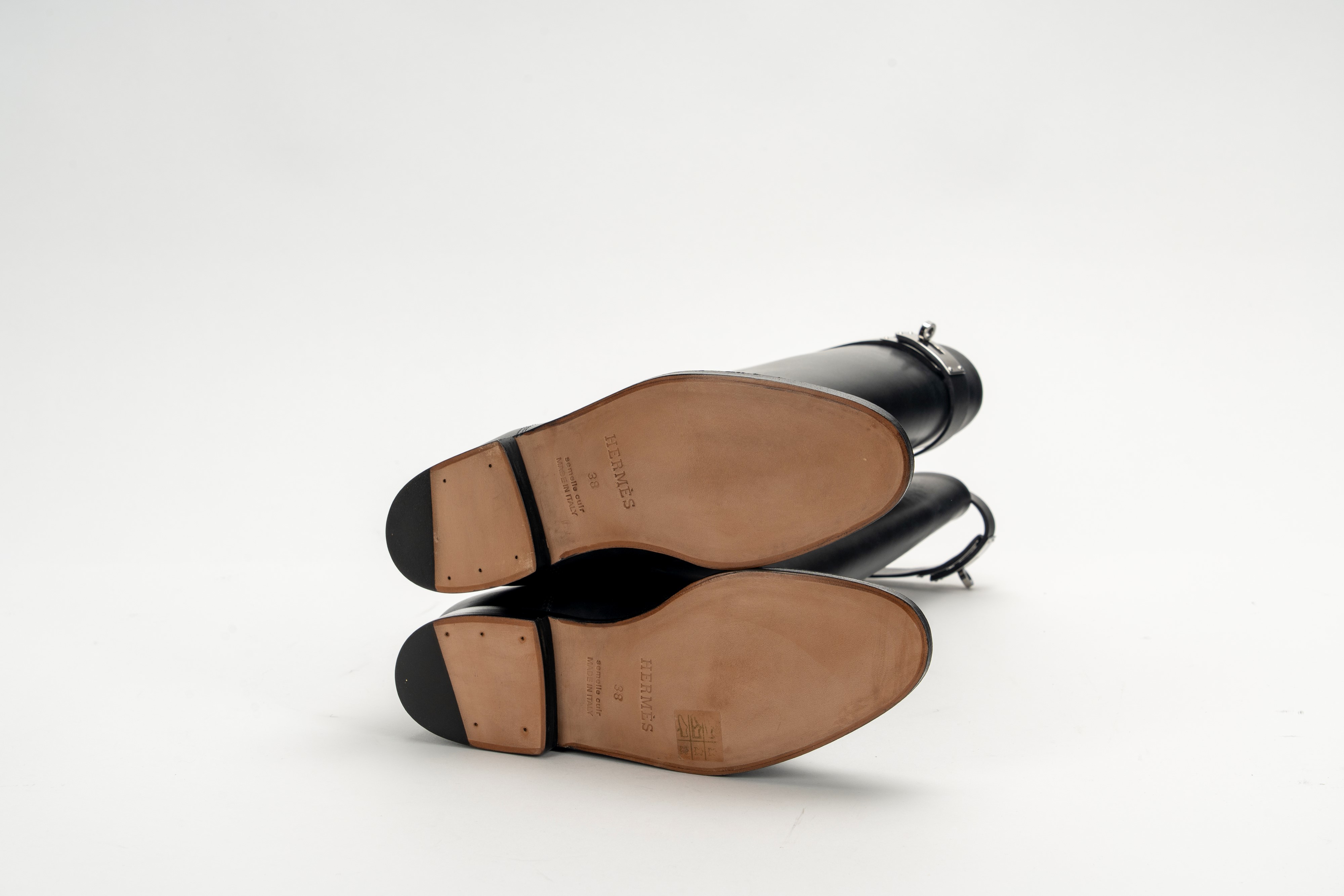 Hermès - Stivali in pelle nera con dettagli in palladio, misura 38