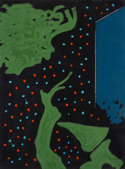 Paesaggio su fondo nero, pittura industriale, tempera e matita grassa su tela