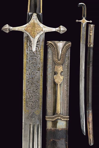Shamshir Persiano, XIX Secolo, lama in argento e oro