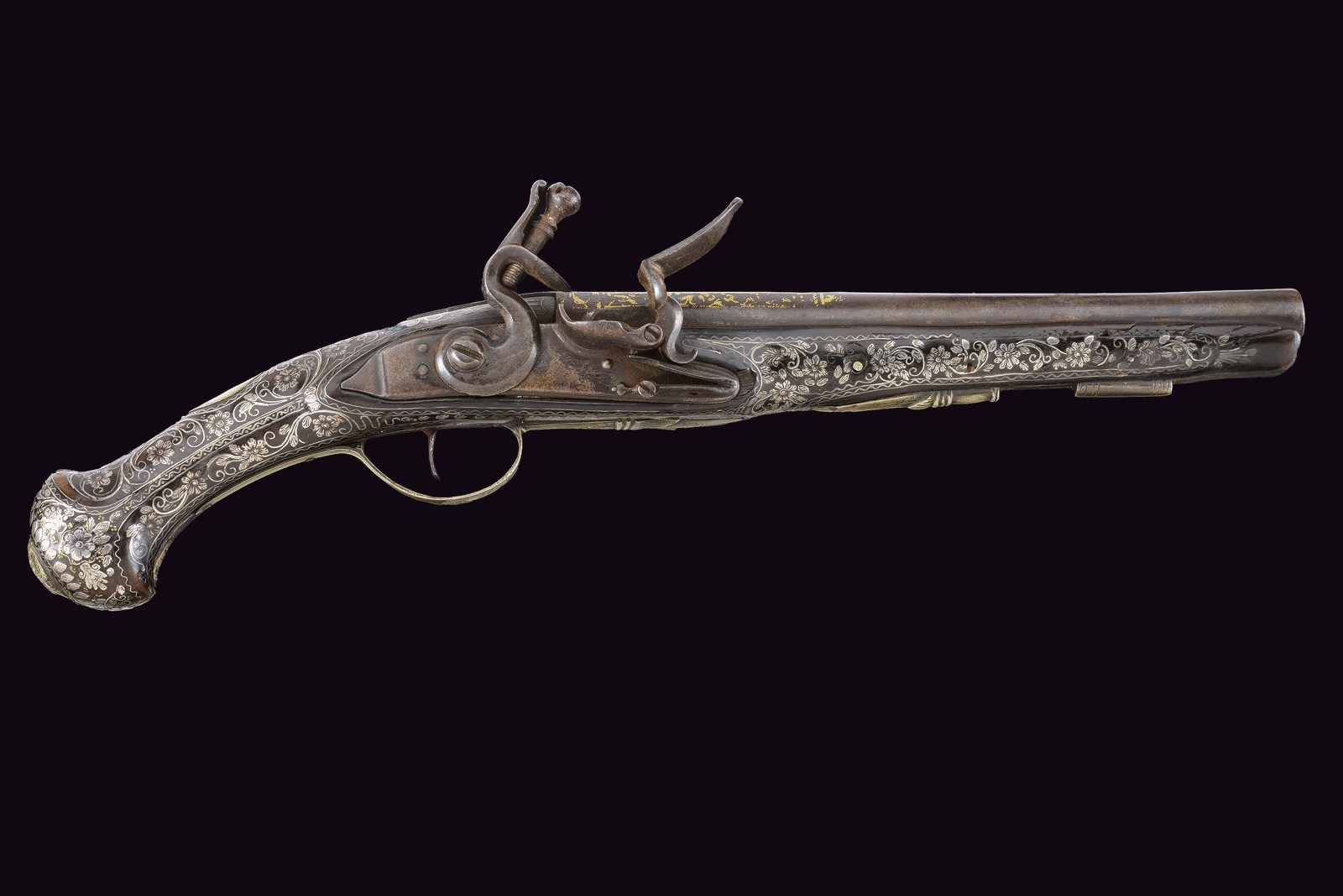 Pistola a pietra focaia turca decorata in argento, Inizio XIX Secolo