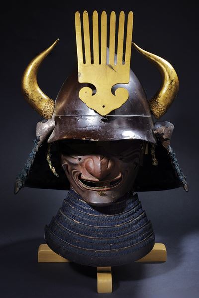Kabuto e Mempo giapponese, Periodo Edo, in ferro e legno dorato