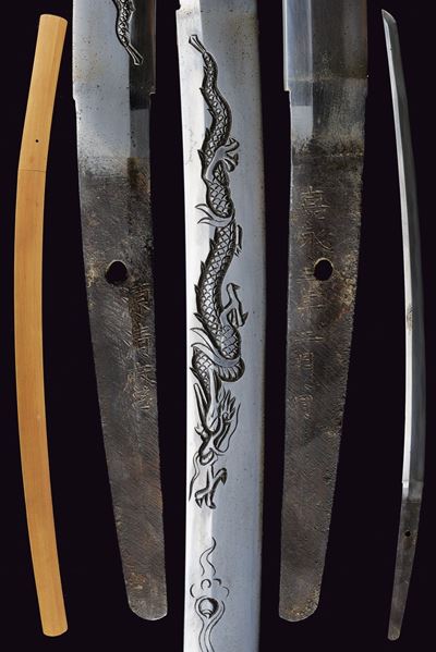 Katana firmata Minomoto Kiyomaru, lama shinogi zukuri in shirasaya, Edo (1850)