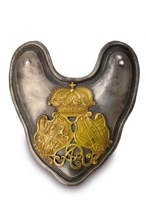 Gorget bearing the conjoined arms of Poland and Saxony, with the cipher &ldquo;AR&rdquo; (Augustus Rex).