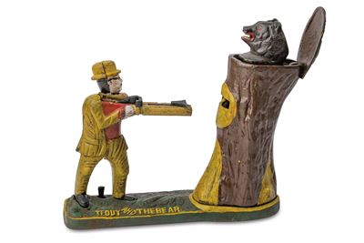 Salvadanaio in ferro meccanico 'Teddy the Bear', Inghilterra, ultimo quarto del XIX Secolo