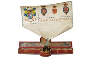 A splendid cased grant of arms document bestowing the family coat of arms