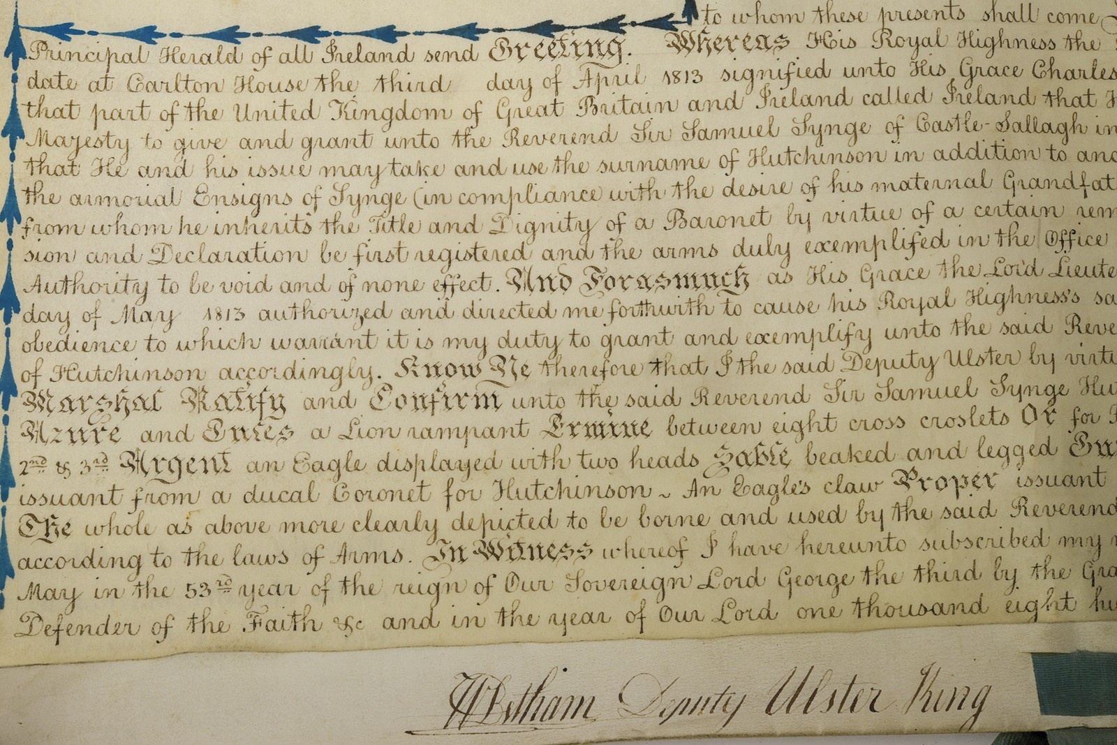 Patente di concessione dello stemma familiare Hutchinson-Synge, Gran Bretagna, 1813