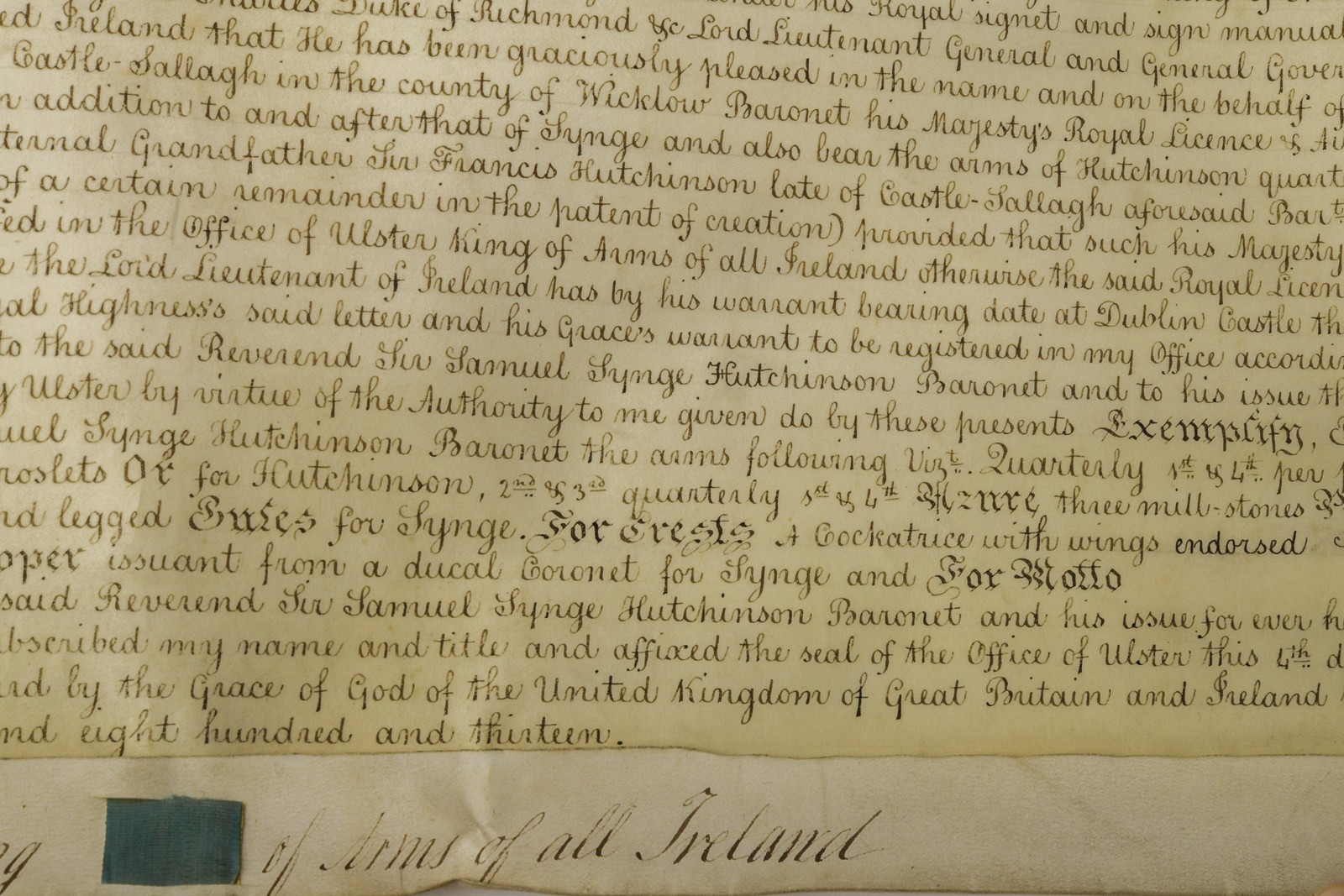 Patente di concessione dello stemma familiare Hutchinson-Synge, Gran Bretagna, 1813