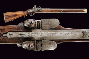 A rare 1768 model flintlock "Doppelstutzen" signed Franz Gr&ouml;ger