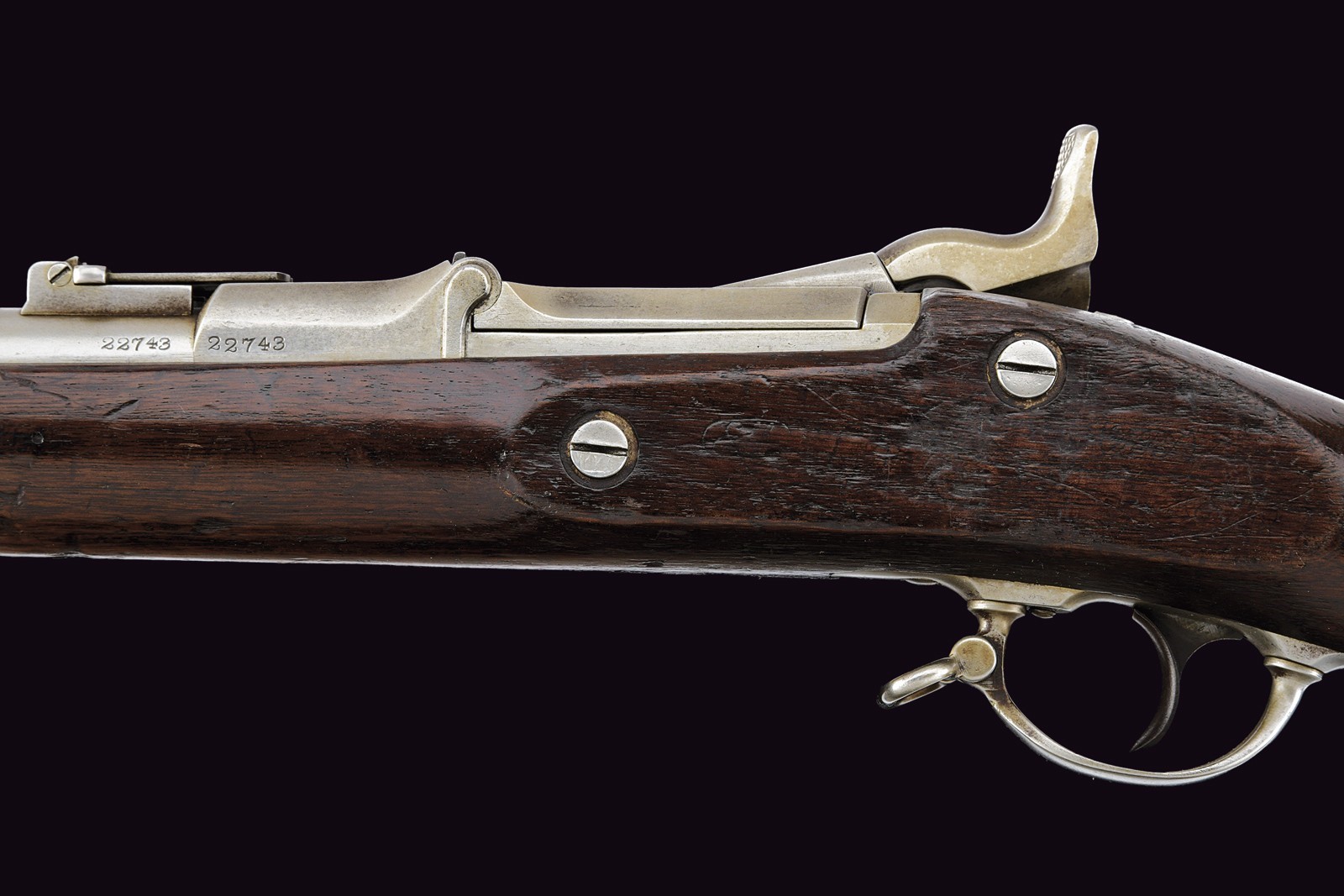 Fucile a retrocarica Springfield Trapdoor, cal. 50, con baionetta, 1870 circa