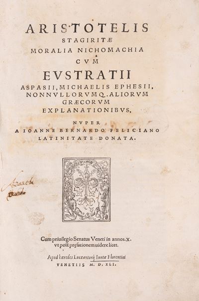 Moralia Nichomachia con spiegazioni di Eustratij Aspasij e altri Greci, 1541