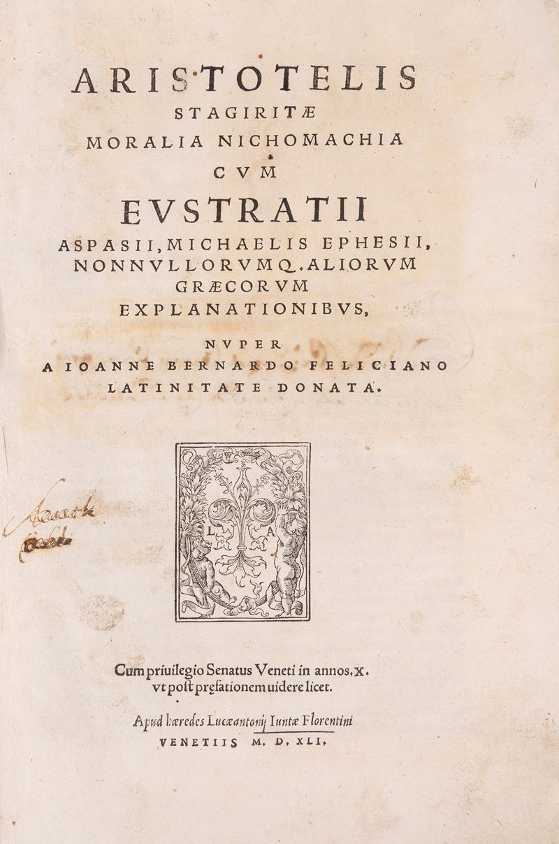 Aristotele - Moralia Nichomachia con spiegazioni di Eustratij Aspasij e altri Greci, 1541