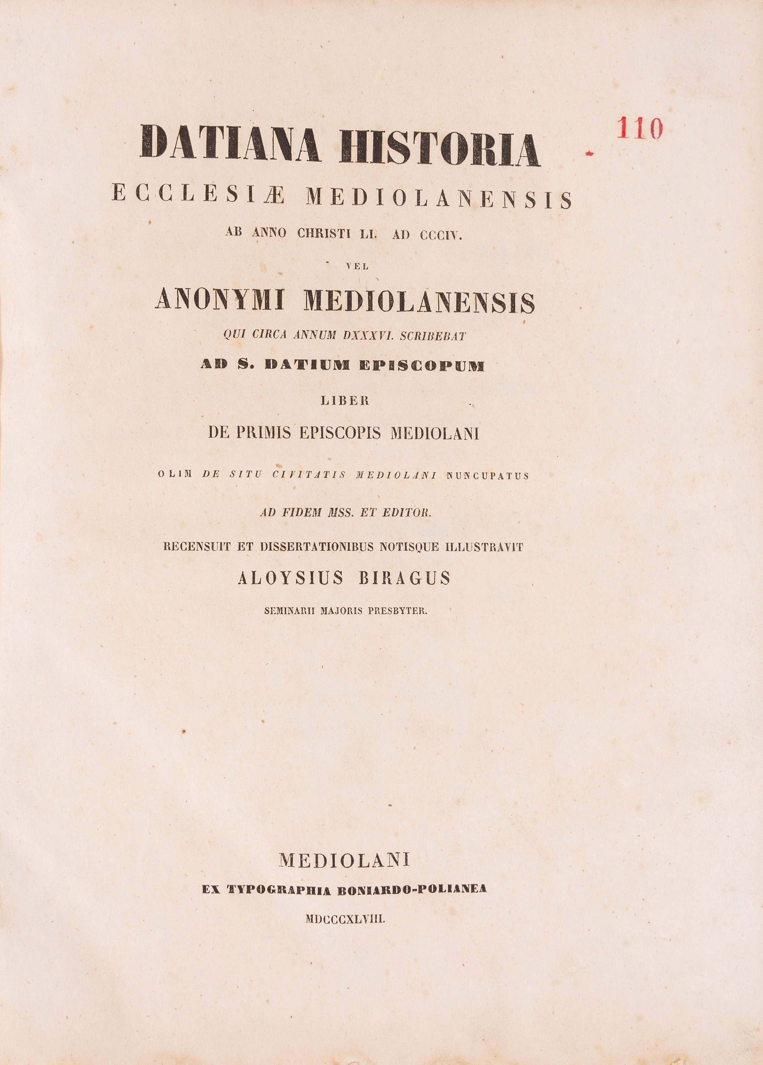 Datiana Historia Ecclesiae Mediolanensis, Milano - Risorgimento, 1848