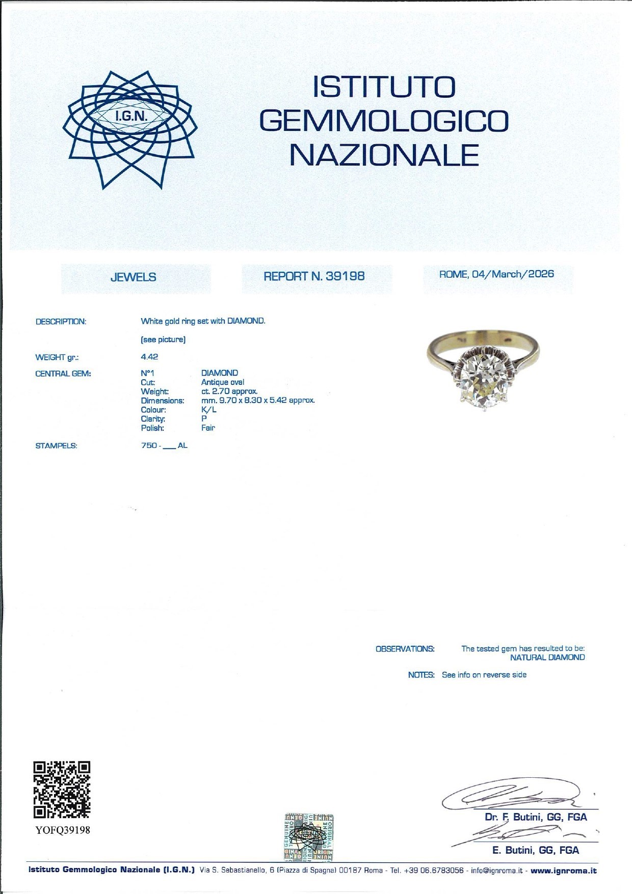 Anello in oro bianco 18k con diamante ovale certificato