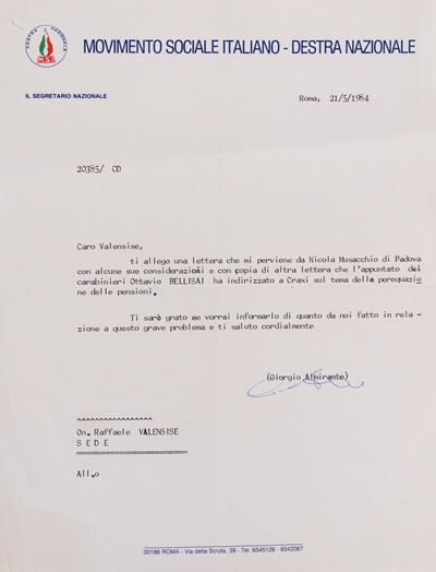Giorgio Almirante, Lettera dattiloscritta firmata su carta intestata del Movimento Sociale Italia...