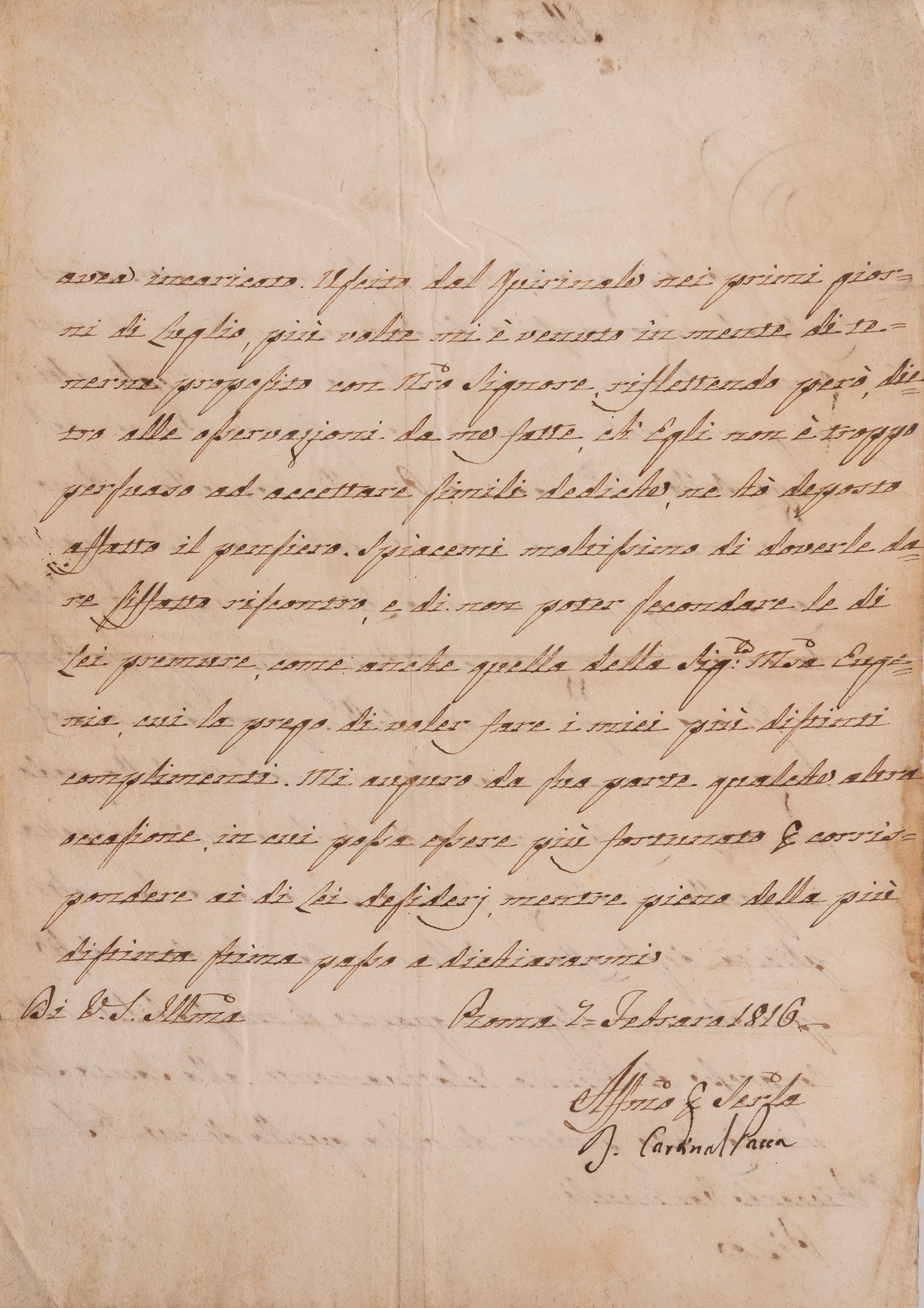 Bartolomeo Pacca - Lettera autografa del 7 febbraio 1816