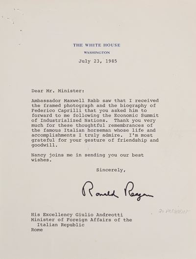 Reagan, Lettera dattiloscritta firmata a Giulio Andreotti