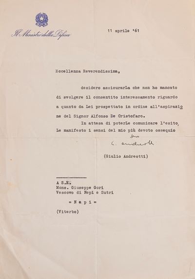 Andreotti, Lettera dattiloscritta firmata su carta intestata del Ministro della Difesa