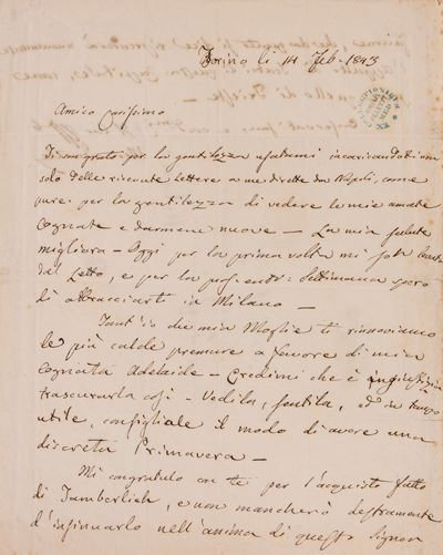 Lettera autografa firmata, Torino 14 febbraio 1843