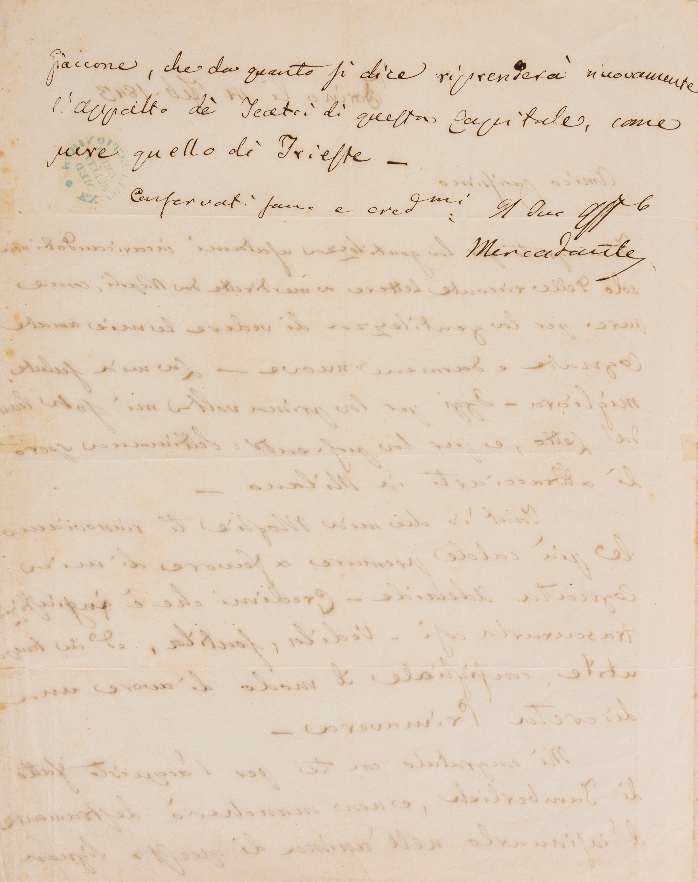 Saverio Mercadante - Lettera autografa firmata, Torino 14 febbraio 1843