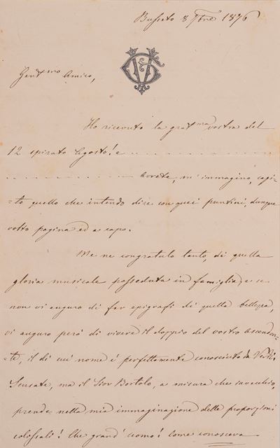 Giuseppe Verdi, Lettera autografa firmata datata Busseto, 8 settembre 1876