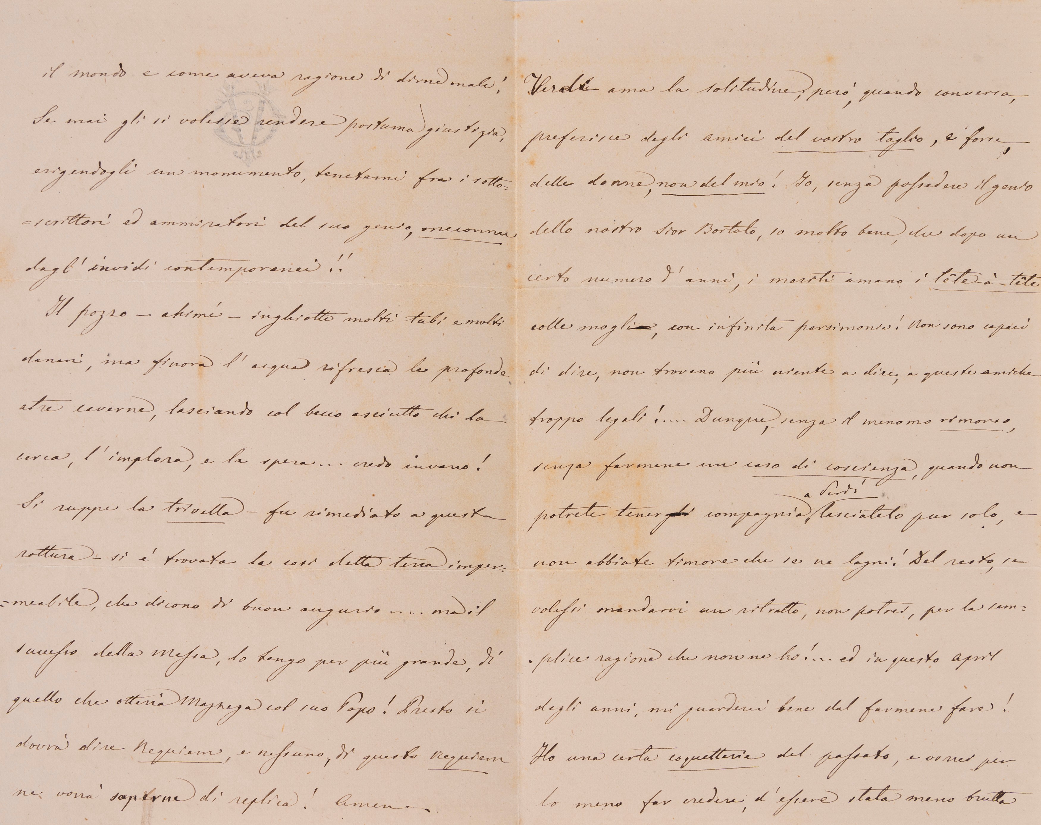Giuseppe Verdi, Lettera autografa firmata datata Busseto, 8 settembre 1876