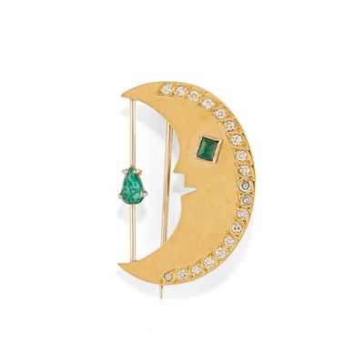 Spilla a mezzaluna, oro bicolore 18k con smeraldi e diamanti