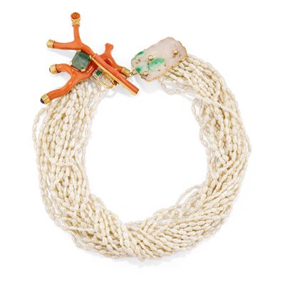 Collana in oro giallo 18k con corallo e gemme preziose