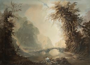 Paesaggio fluviale con ponticello e figura in primo piano