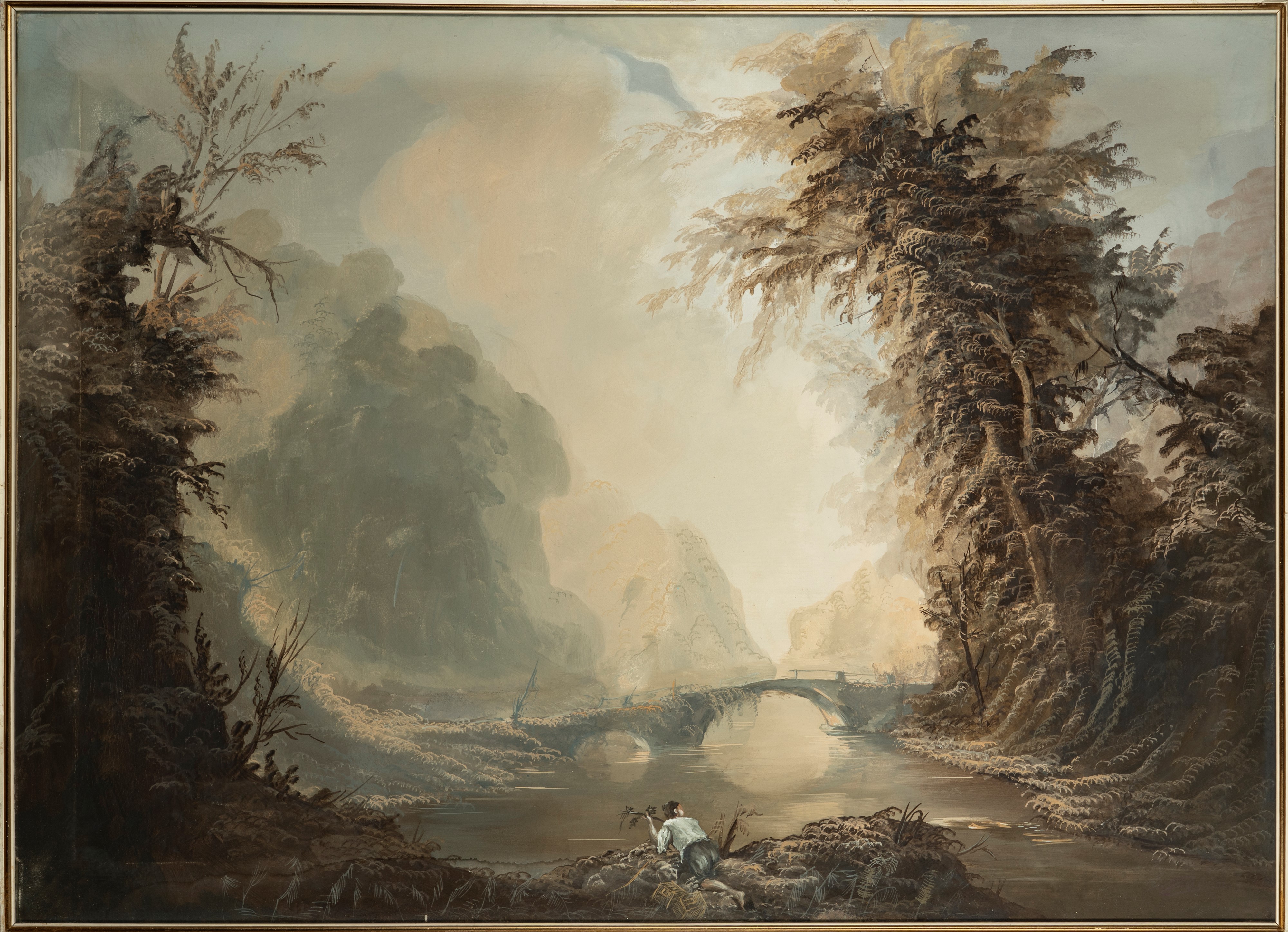 Paesaggio fluviale con ponticello e figura in primo piano