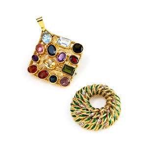 Due pendenti con smalto e pietre colorate 