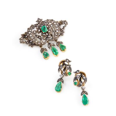 Demi-parure in argento e oro giallo 18k con smeraldi e diamanti