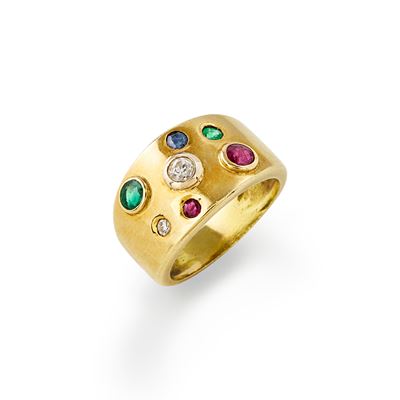Anello in oro giallo 18k con diamanti, rubini, smeraldi e zaffiro