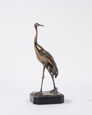 Scultura in bronzo argentato raffigurante gru