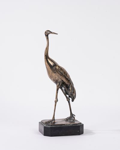 E. Bonavia, Scultura in bronzo argentato raffigurante una gru