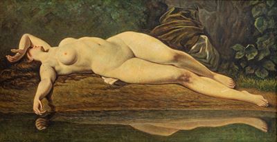 Autore ignoto, Nudo di donna, olio su cartone