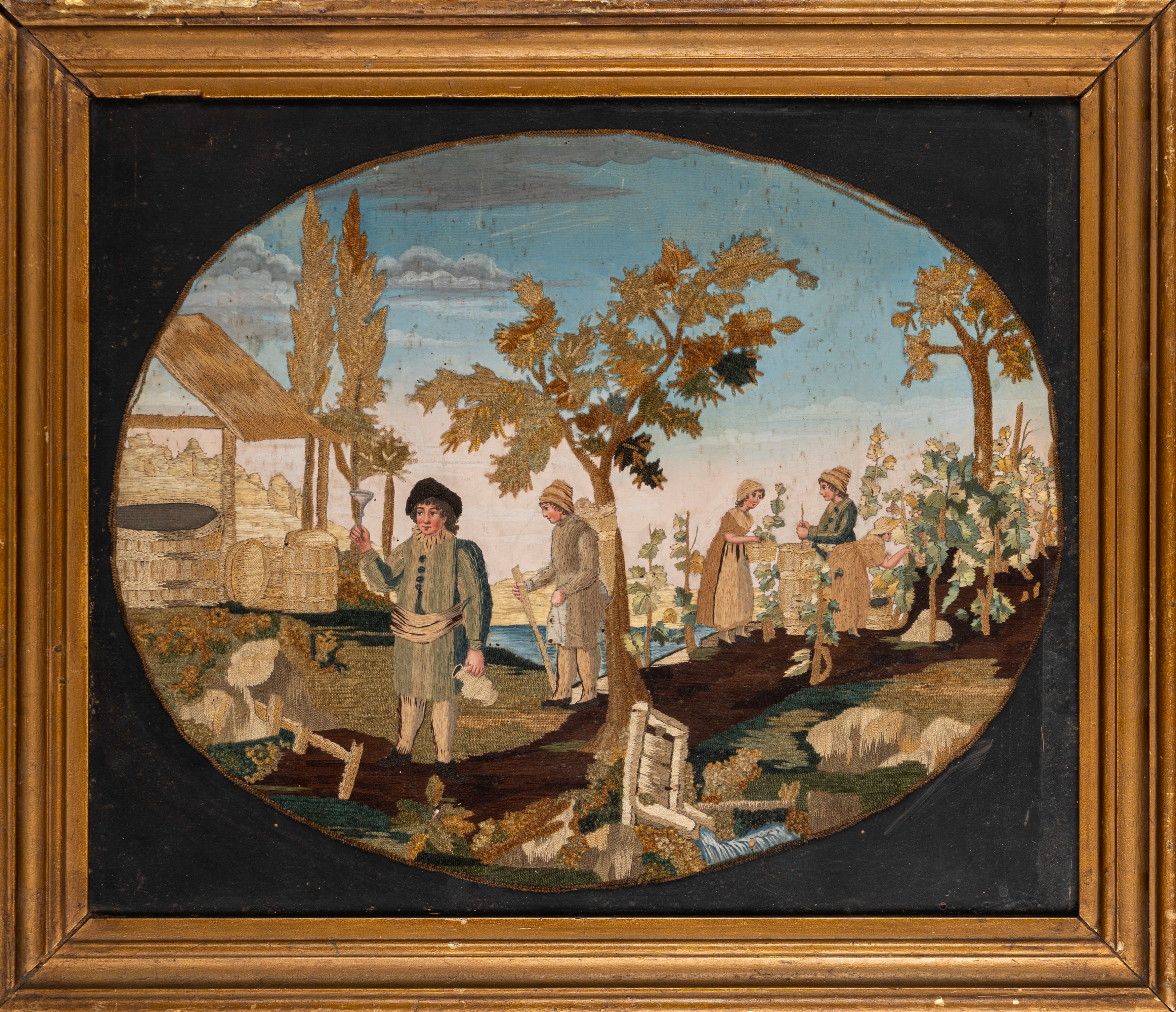 Scuola Francese, Secolo XIX - La Vendemmia, tempera e ricamo su tela