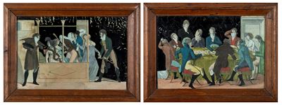 Inghilterra, Due stampe sottovetro raffiguranti scene di genere, XIX secolo
