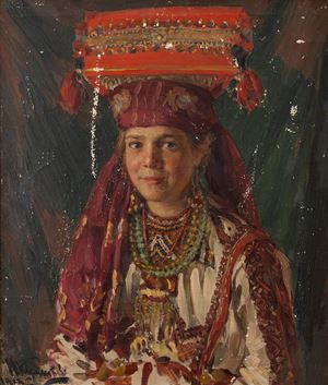 Giovane donna in abito tradizionale russo