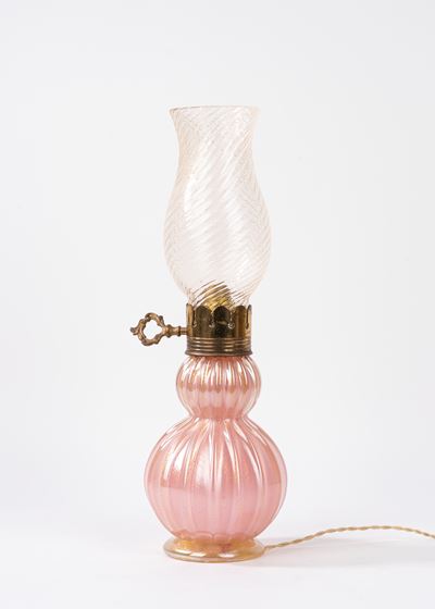 Probabilmente Seguso, Lampada da tavolo in vetro di Murano rosa e avventurina