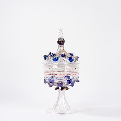 Coppa in vetro di Murano con coperchio, decorazione a bugnato blu e oro