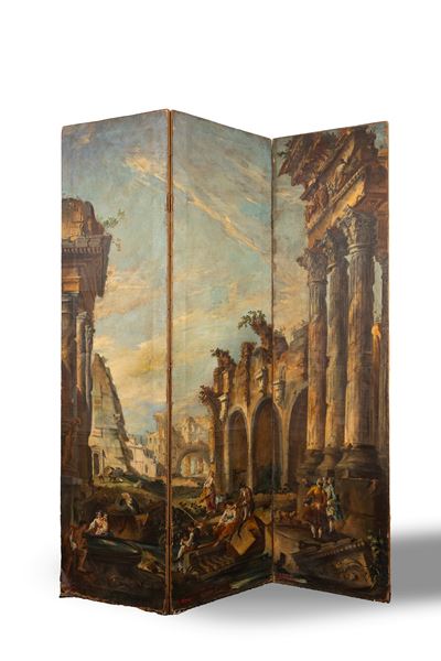 Paravento con capriccio architettonico, olio su tela
