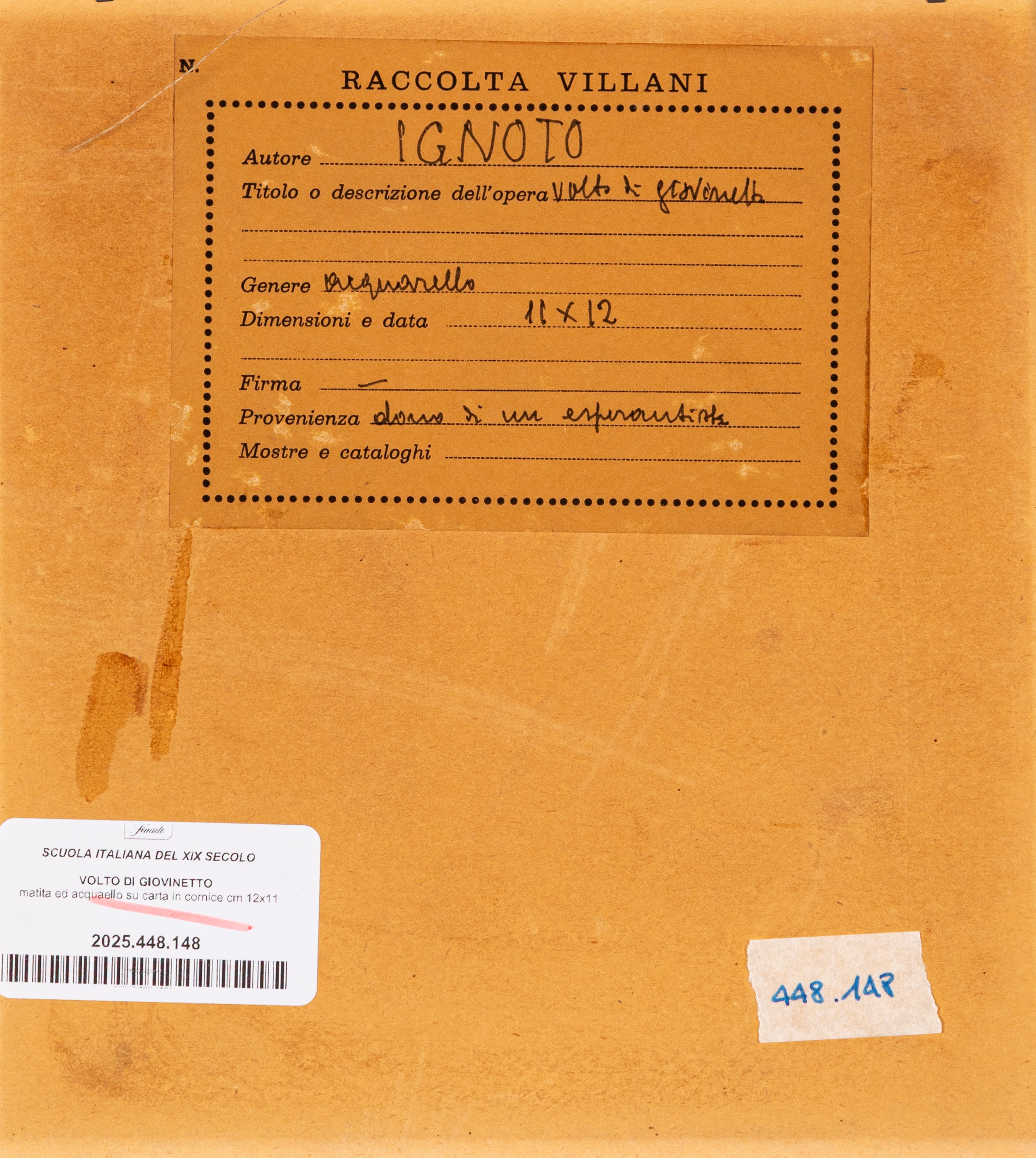 Scuola Italiana del XIX Secolo - Volto di giovinetto, matita e acquarello su carta in cornice