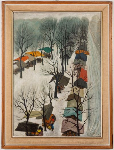 Mercato sui bastioni, olio su tela in cornice (1961)