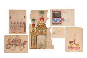 Lotto di ventuno studi per carri allegorici di Carnevale