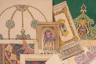 Lotto di dodici studi di decorazioni orientali, matita, china, acquerello e gouache su cartoncino