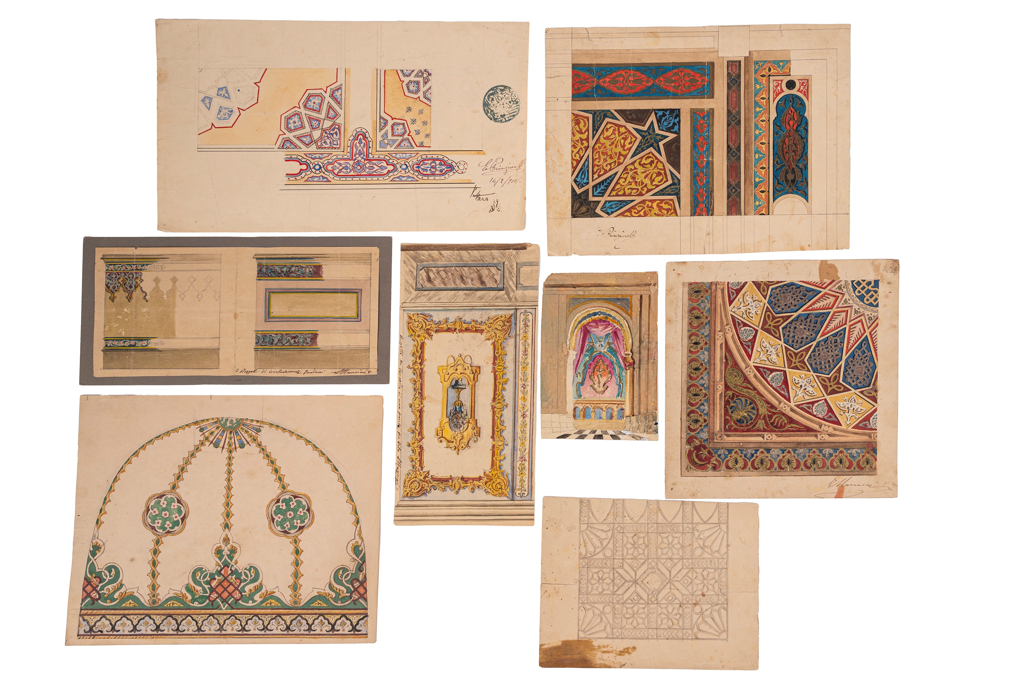 Enrico Mancini - Lotto di dodici studi di decorazioni orientali, matita, china, acquerello e goua...