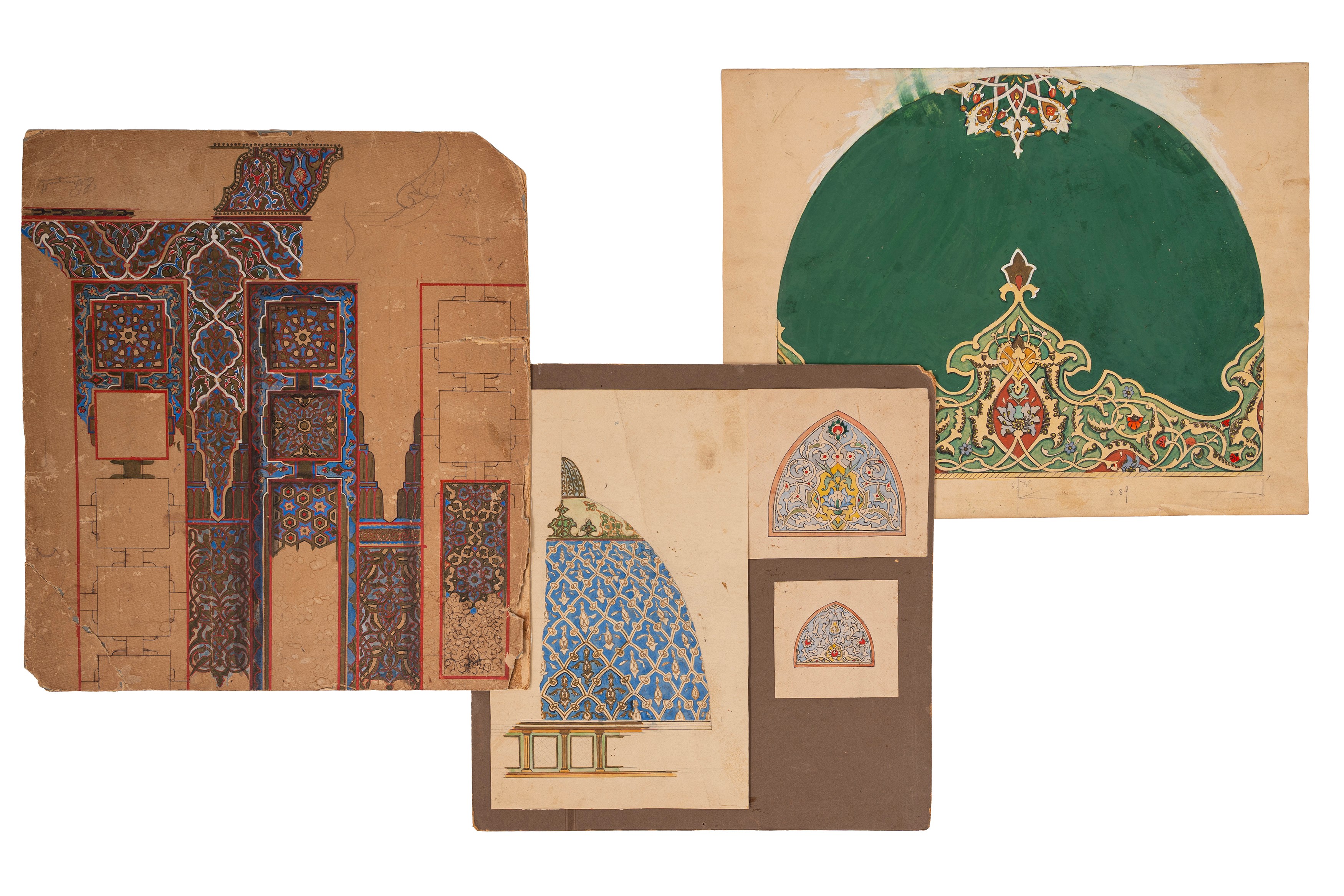 Enrico Mancini - Lotto di dodici studi di decorazioni orientali, matita, china, acquerello e goua...